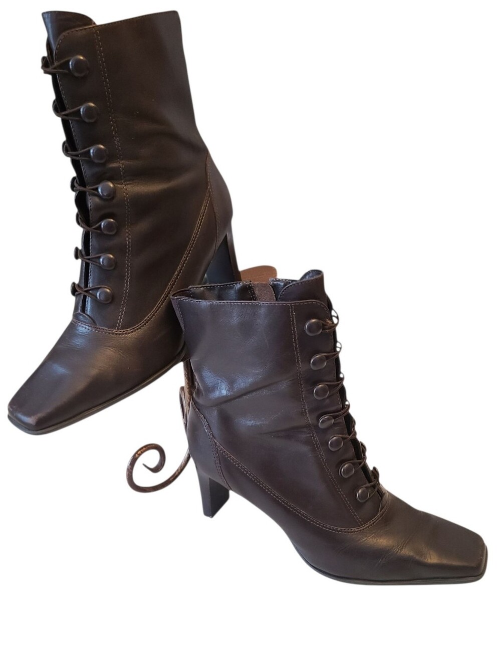 Vintage Boots Brown Leather Ankle  Laceups 3 Inch Heel Zipper Women's Size‎ 8.5
